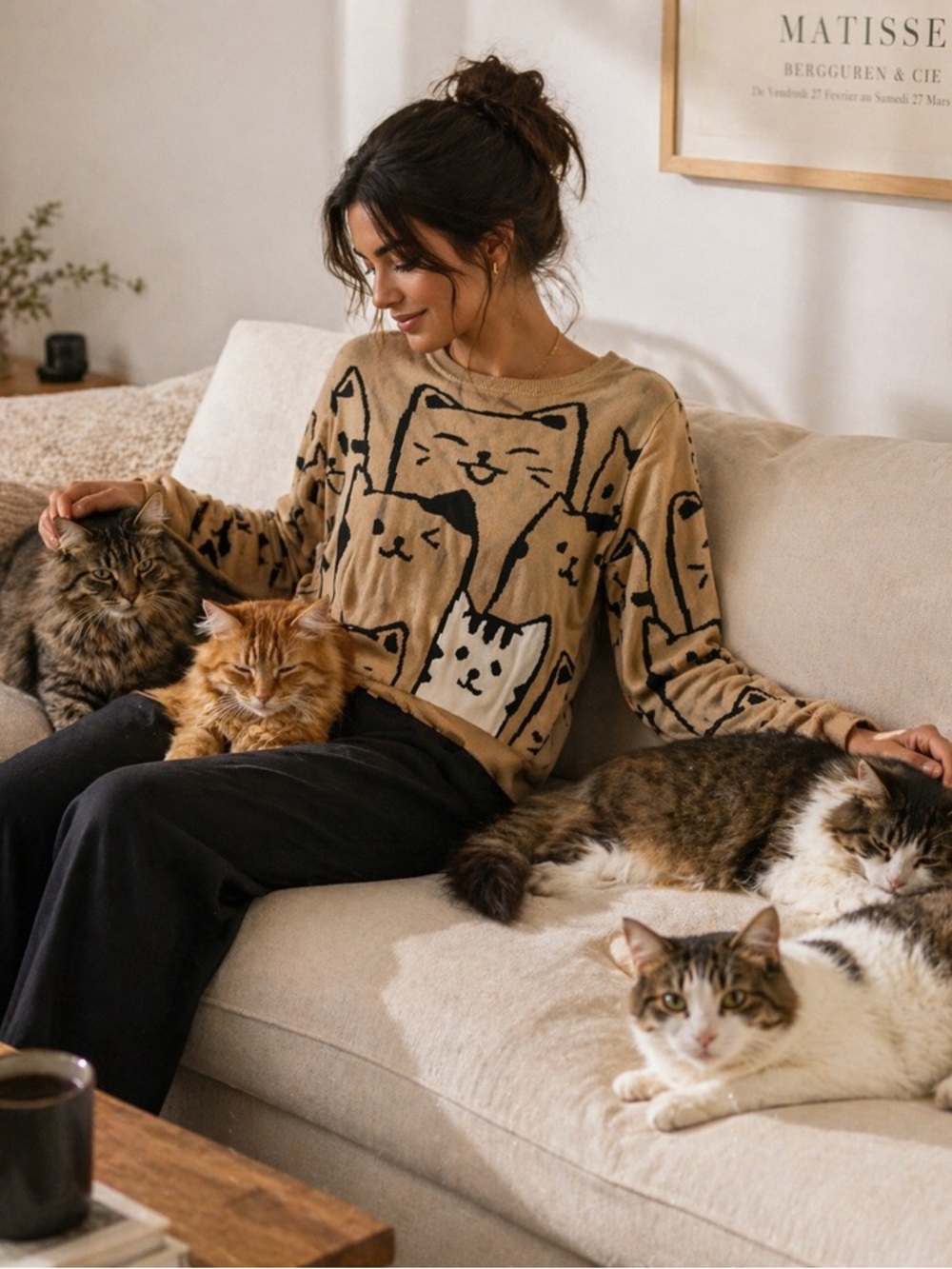 🤍Cute Cat Pattern Sweater - Beige by Lizette Collection size L